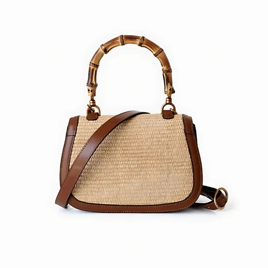 Women's Woven Straw Handbag with Bamboo Handle – Elegant and Practical Brown Shoulder Bag