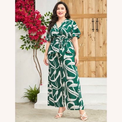 Ensemble deux pièces pour femme motif abstrait vert – Haut ajusté et pantalon à jambes larges grande taille, confort et élégance