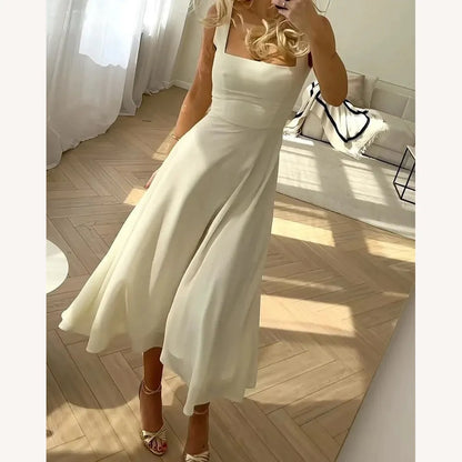 Robe d'été élégante pour femme en mousseline de soie avec encolure carrée – Robe d'été chic pour cocktails et dîners