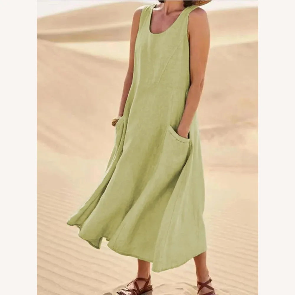 Robe longue pour femme sans manches en coton et lin avec poches - Confort et élégance estivale