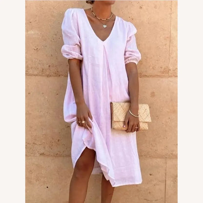 Robe longue en lin pour femme avec encolure en V - Élégance décontractée pour l'été, confortable et légère