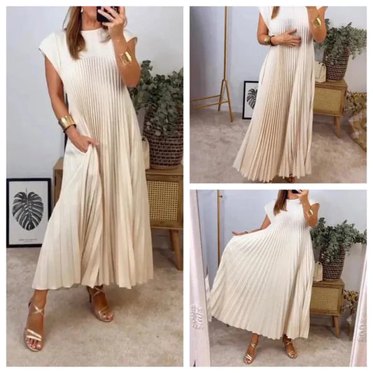 Elegant Pleated Long Dress for Women in Solid Color – Comfortable and Versatile for All Occasions