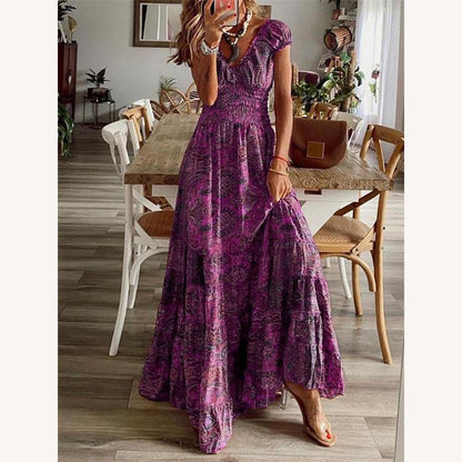 Robe à manches courtes pour femme avec col en V et imprimé éclatant – Élégance et confort pour l'été
