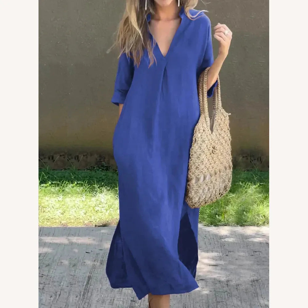 Robe longue en lin pour femme avec encolure en V et poches – Élégante et confortable, disponible en plusieurs couleurs