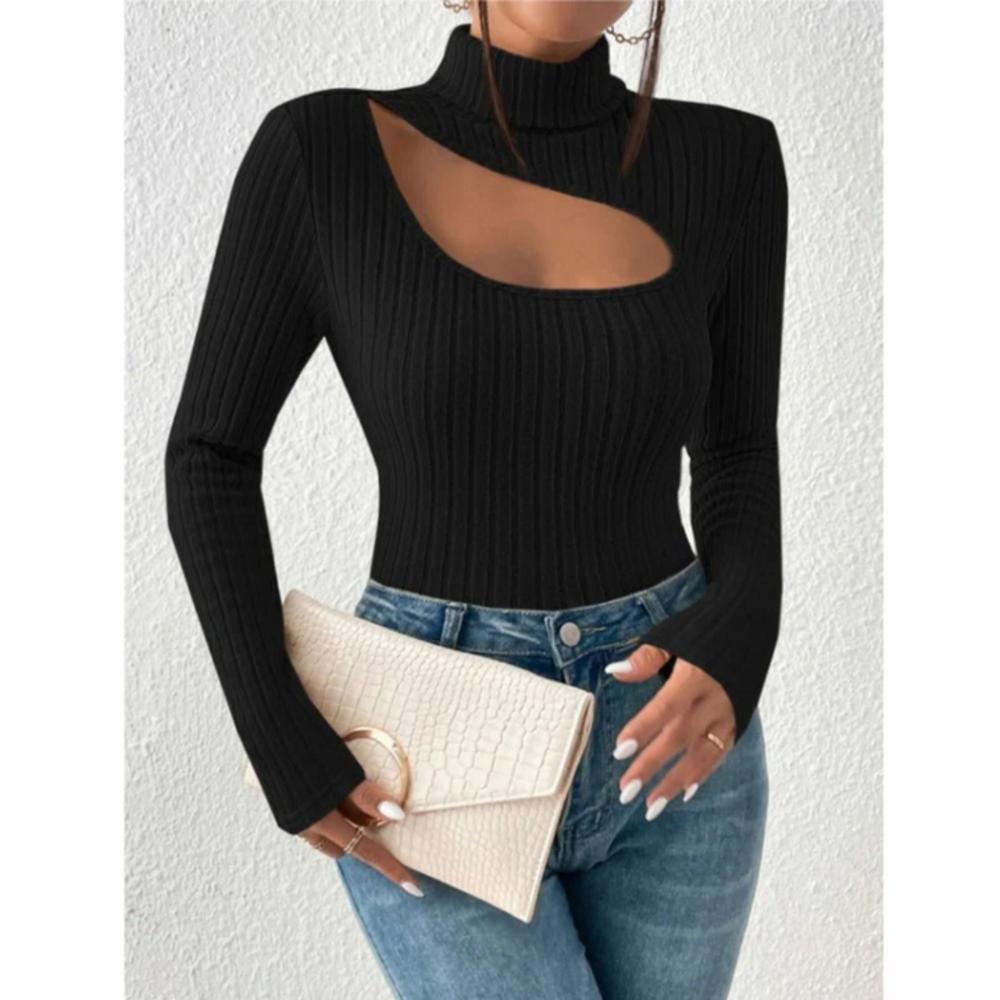 Haut Femme Asymétrique Noir Côtelé à Col Montant – Élégance et Confort, Manches Longues, Matière Extensible