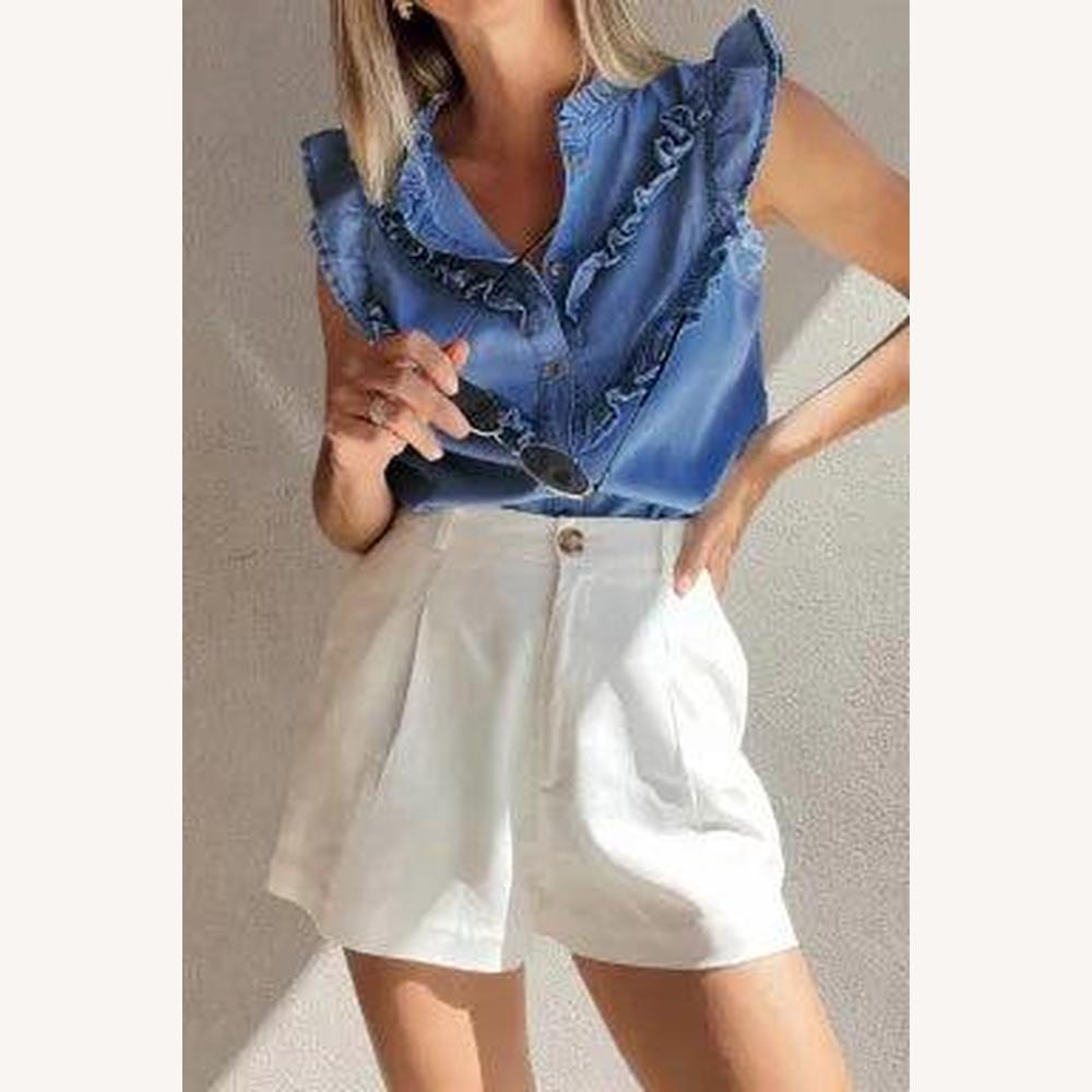 Blouse sans manches pour femme en denim bleu doux avec détails à volants – Style élégant et confortable