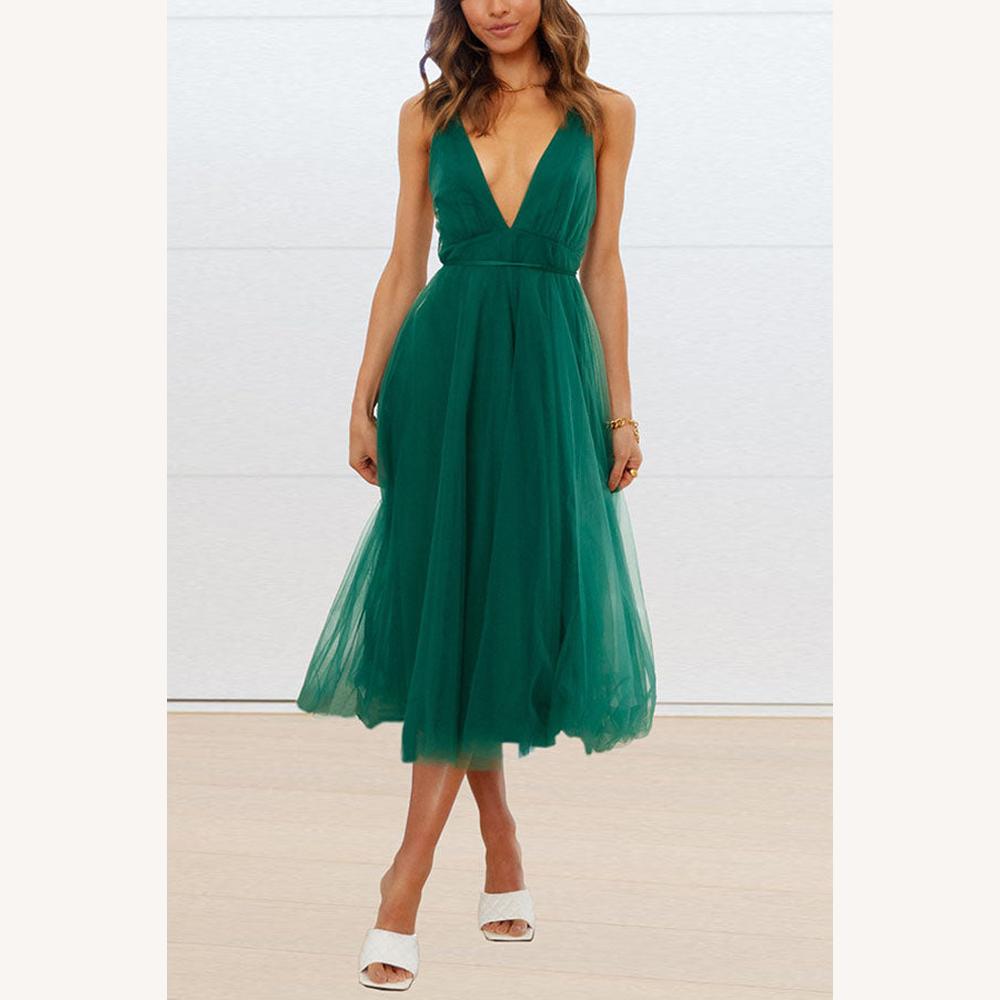 Robe mi-longue pour femme en tulle avec encolure en V – Élégante et raffinée pour les occasions spéciales