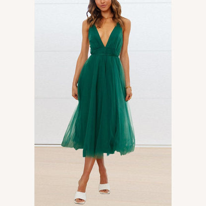 Robe mi-longue pour femme en tulle avec encolure en V – Élégante et raffinée pour les occasions spéciales