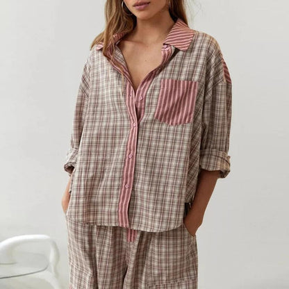 Pyjama d'hiver rayé pour femme en coton et polyester – Ensemble chaud et décontracté pour se détendre à la maison