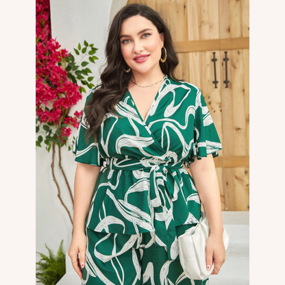Ensemble deux pièces pour femme motif abstrait vert – Haut ajusté et pantalon à jambes larges grande taille, confort et élégance