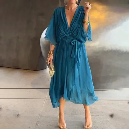 Robe longue élégante d'été pour femme avec ceinture et ourlet asymétrique en tissu léger