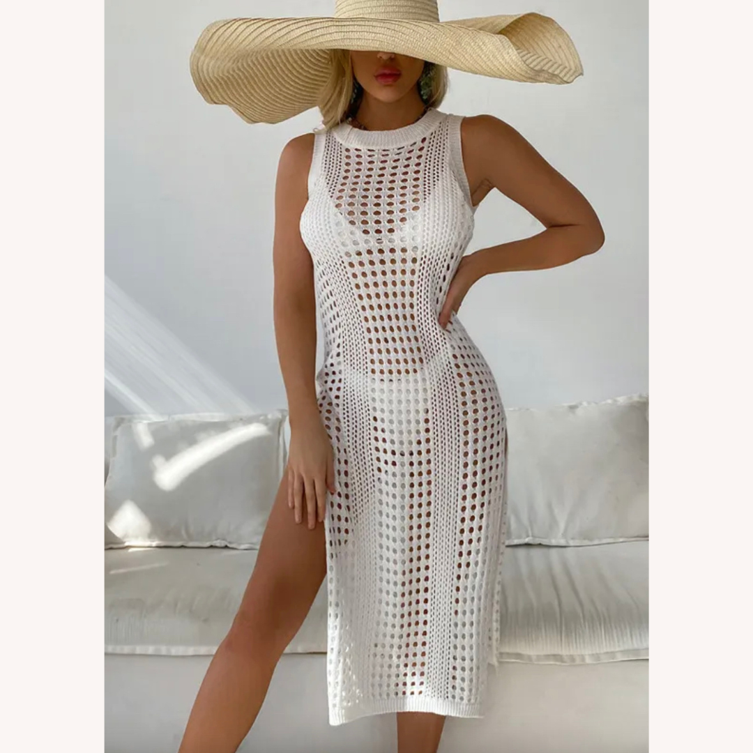 Robe de plage en crochet élégante pour femme – Midi confortable avec fente latérale en mélange de coton