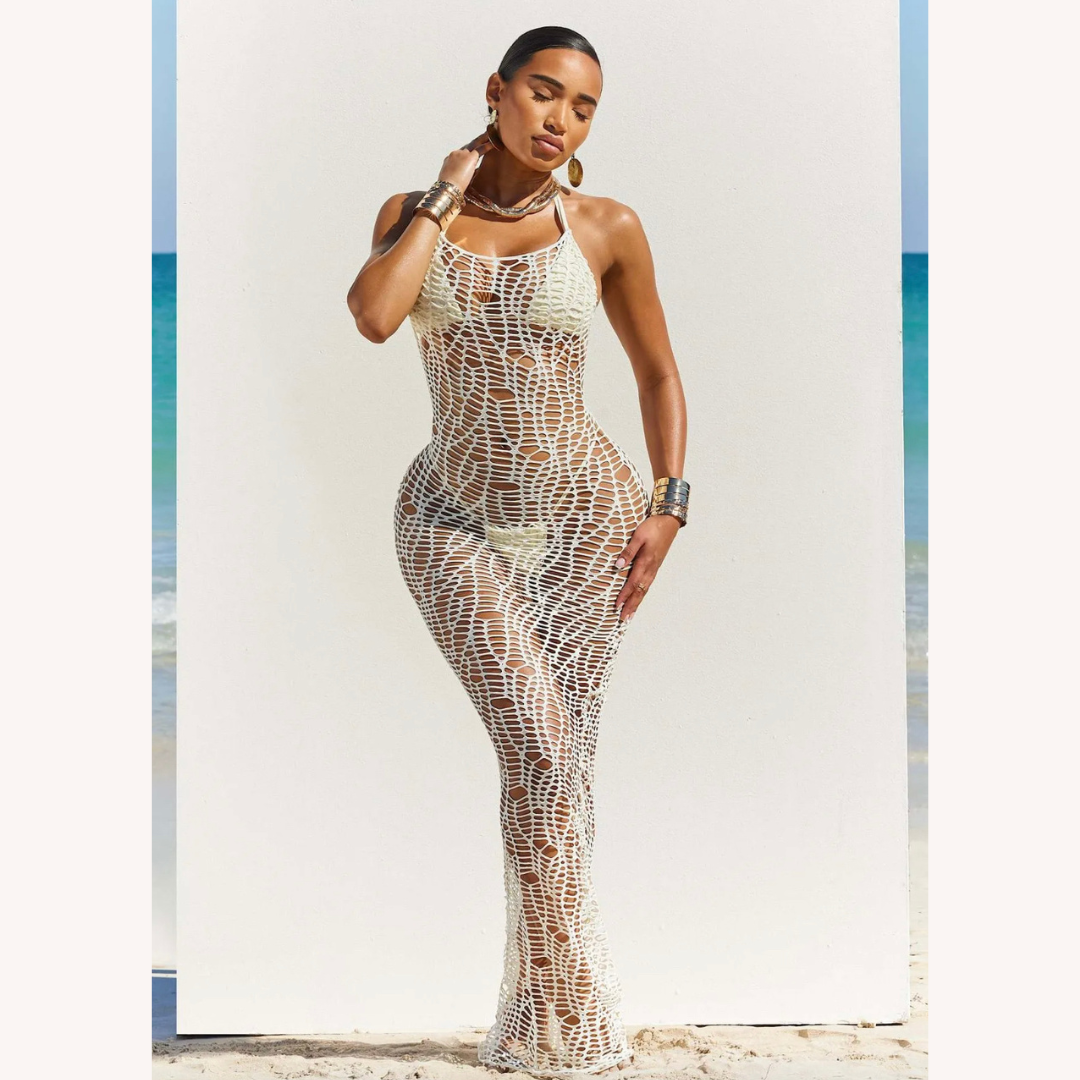 Elegant Long Crochet Dress for Women - Chic Coastal Maxi, Fitted Silhouette for Summer