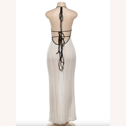 Robe longue pour femme à col licou en crochet blanc – Élégance estivale pour mariages et soirées