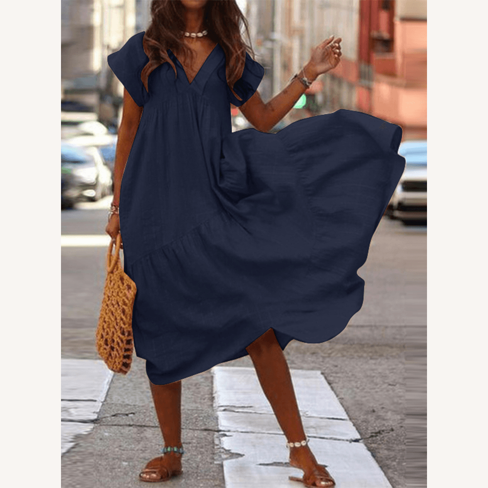 Robe longue ample pour femme avec encolure en V – Tissu léger en rayonne et polyester, idéale pour les occasions décontractées