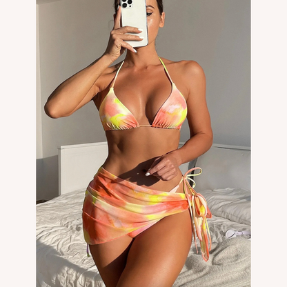 Ensemble de maillot de bain trois pièces pour femme style bohème à teinture nouée avec jupe assortie – Polyester confortable, S, M, L