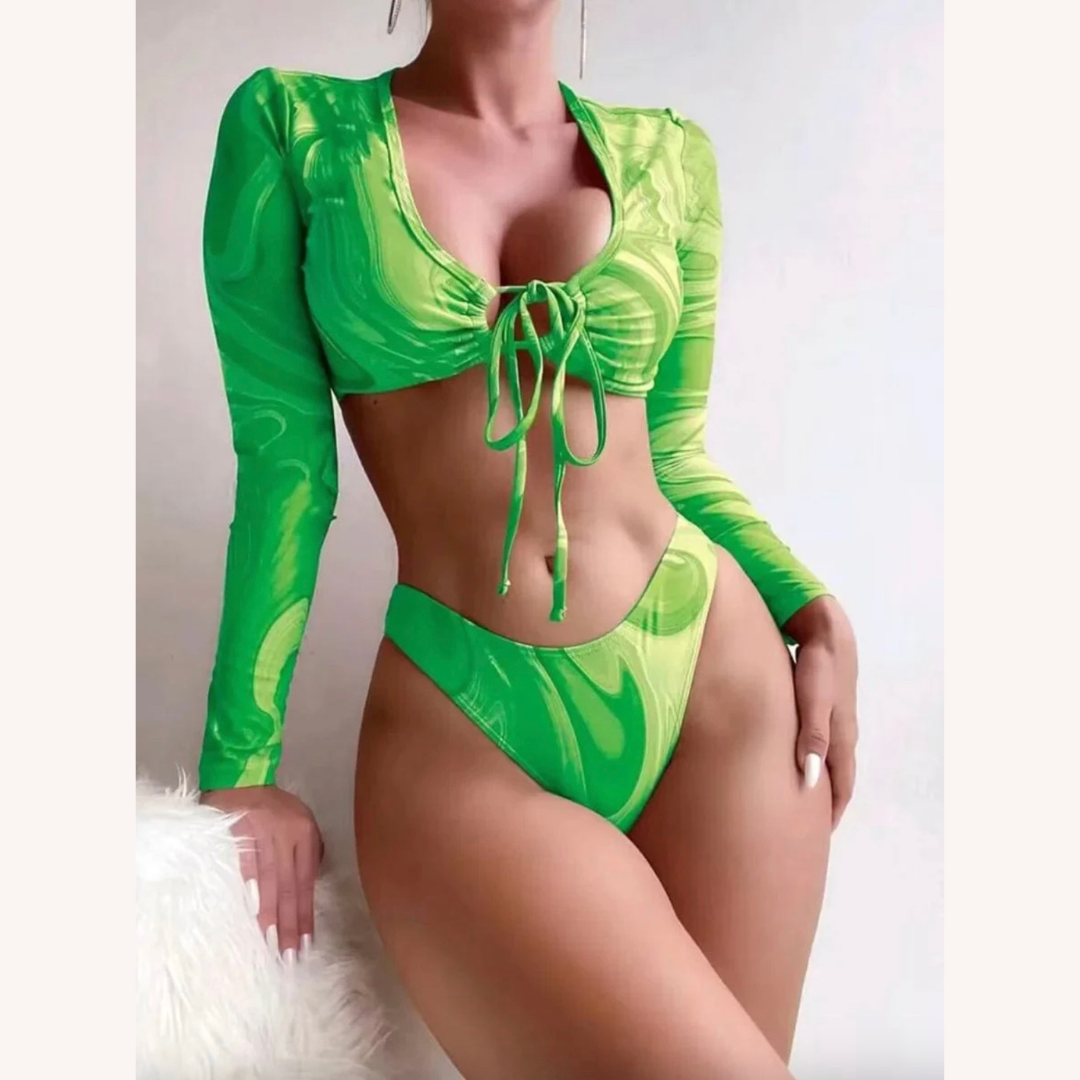 Bikini de plage à manches longues imprimé avec nouage tourbillonnant pour femmes – Maillot de bain bohème chic en deux pièces