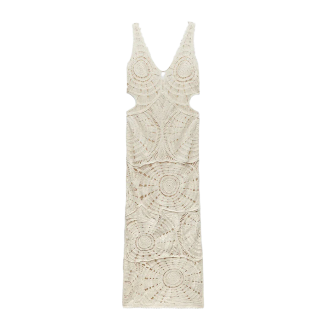 Robe midi blanche pour femme en crochet aérien avec encolure en V – Élégance bohème