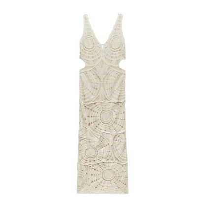 Robe midi blanche pour femme en crochet aérien avec encolure en V – Élégance bohème