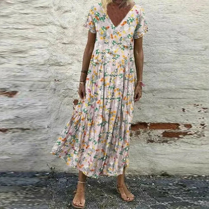 Robe d'été pour femme avec fleurs - Col en V, manches courtes, coton et rayonne, élégante et confortable