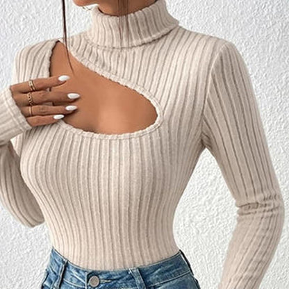 Haut Femme Asymétrique Noir Côtelé à Col Montant – Élégance et Confort, Manches Longues, Matière Extensible