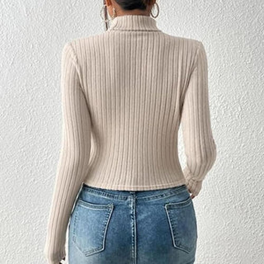 Haut Femme Asymétrique Noir Côtelé à Col Montant – Élégance et Confort, Manches Longues, Matière Extensible