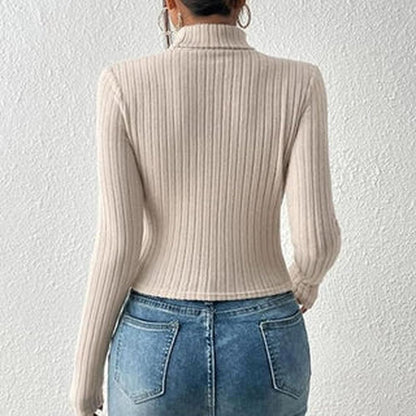 Haut Femme Asymétrique Noir Côtelé à Col Montant – Élégance et Confort, Manches Longues, Matière Extensible