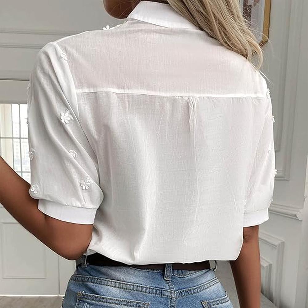 Women's Lightweight Embroidered Cotton Blouse with Chic Mandarin Collar – Elegant White Blouse for a Summer Style