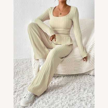 Ensemble détente côtelé 2 pièces femme – Haut court à manches longues et pantalon large taille haute beige
