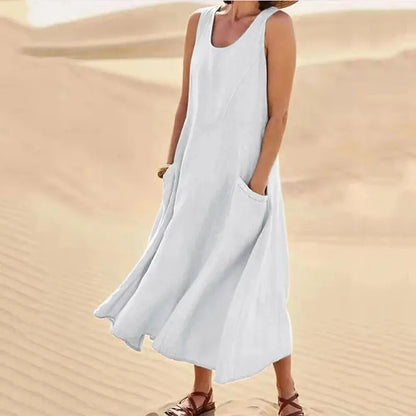 Robe longue pour femme sans manches en coton et lin avec poches - Confort et élégance estivale