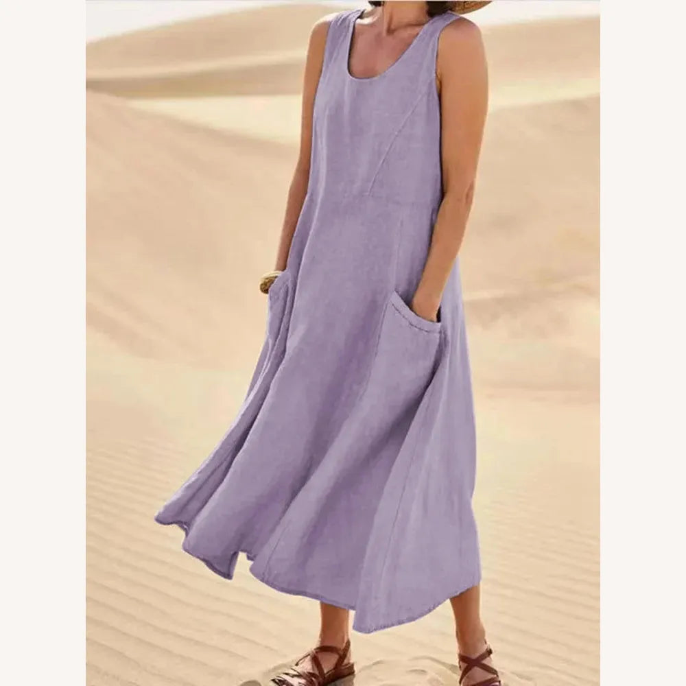 Robe longue pour femme sans manches en coton et lin avec poches - Confort et élégance estivale