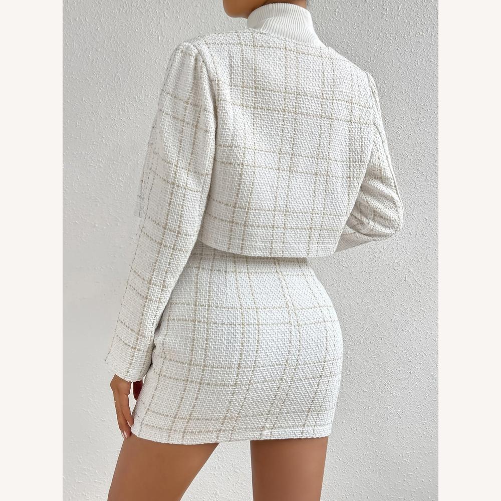 Ensemble jupe et veste en tweed structuré pour femmes – Chic et élégant, taille haute, boutons dorés, idéal pour toutes les occasions
