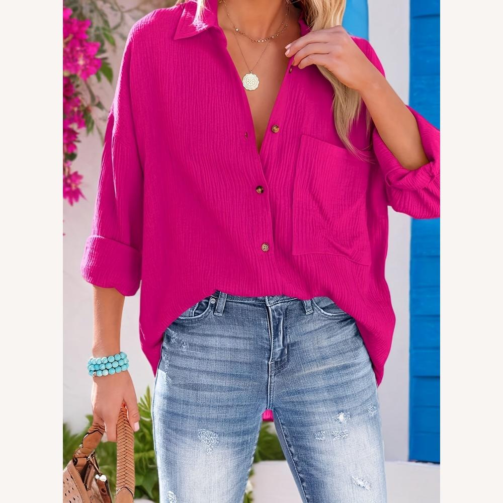 Chemise décontractée en coton pour femme, magenta, manches longues retroussables, texture gaufrée