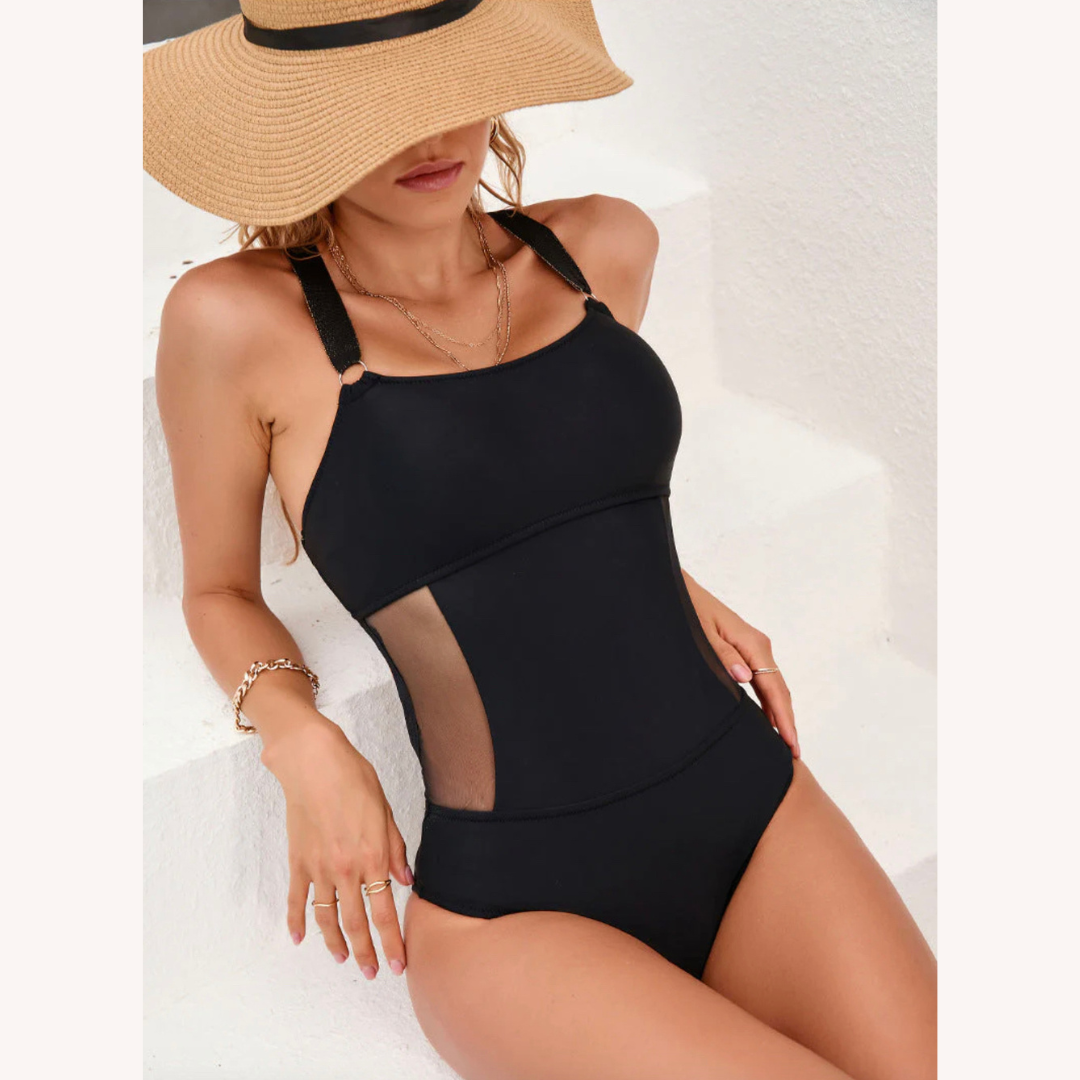 Maillot de bain une pièce sportif pour femme, panneau noir avec dos ouvert – Élégance et assurance pour la natation et la plage