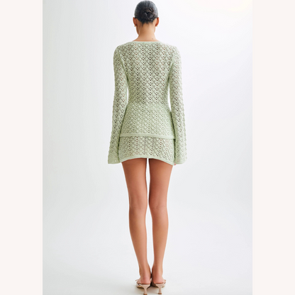 Ensemble bohème chic pour femme en crochet - Gilet à col en V et mini-jupe assortie en coton respirant