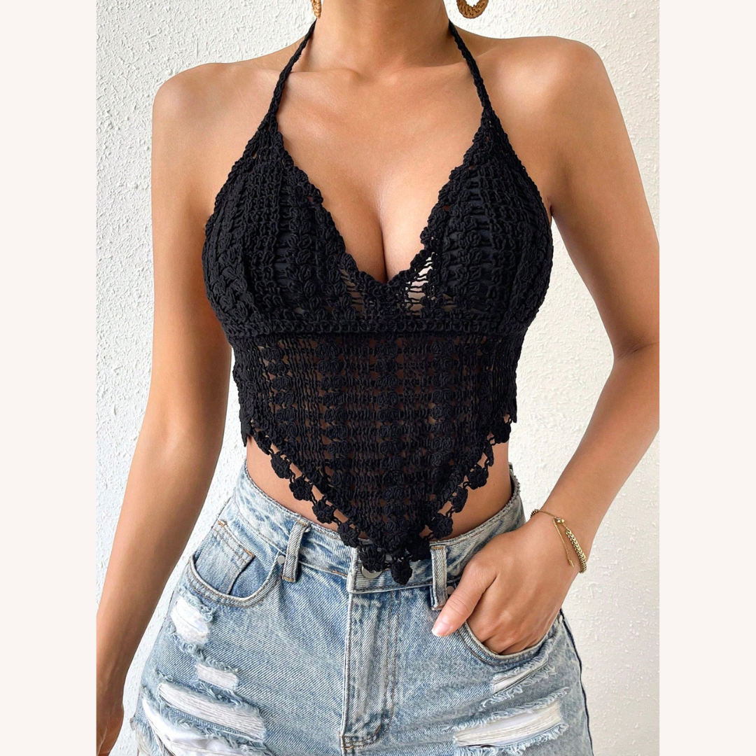 Haut d'été bohème chic en crochet pour femmes avec dos ouvert – Haut léger à bretelles et soutien amovible, idéal pour les journées ensoleillées