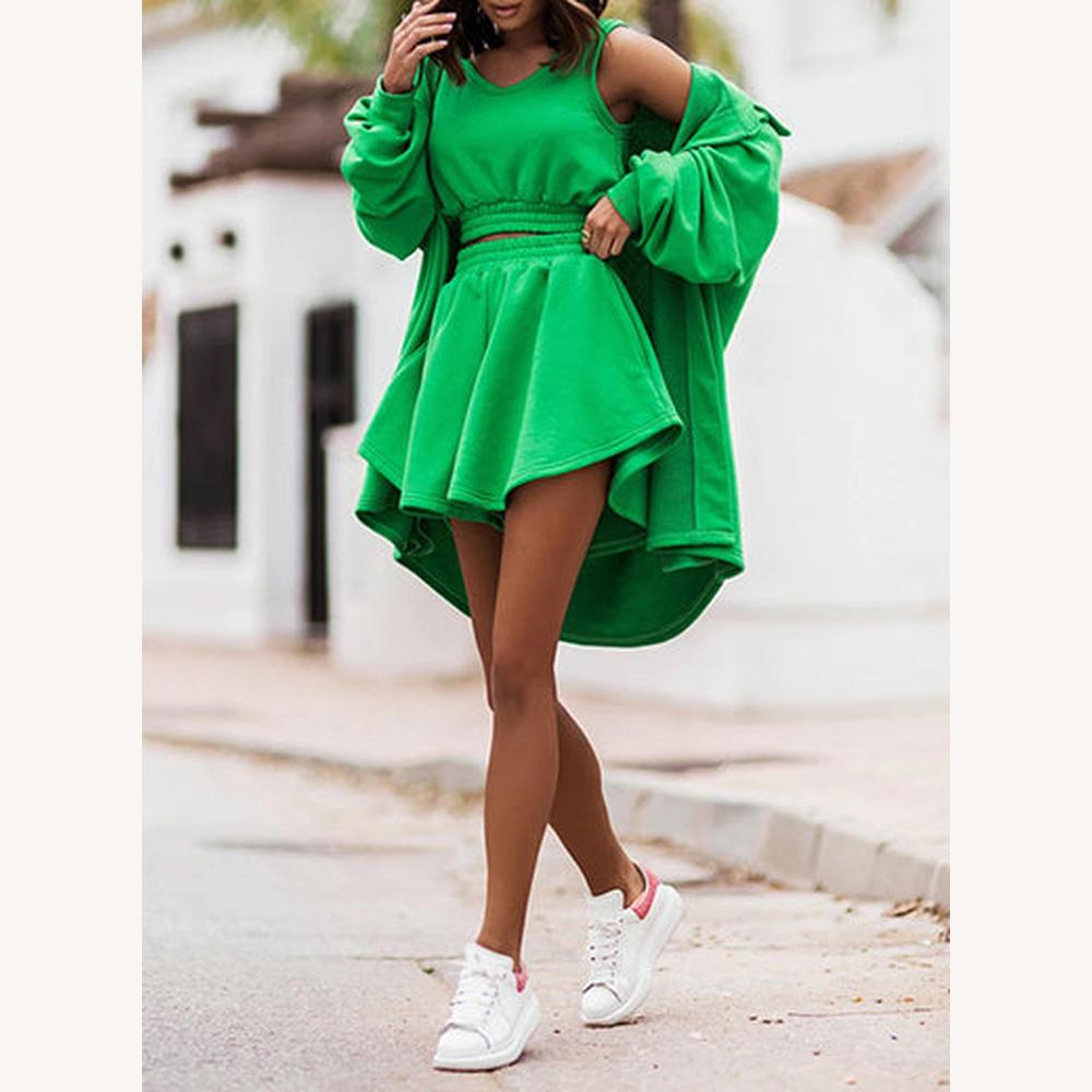 Ensemble décontracté pour femme en 3 pièces – Haut court, jupe taille haute et chemise ample en coton-polyester, confort et style