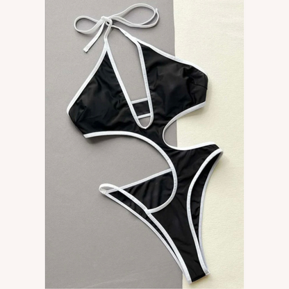 Maillot de bain une pièce pour femme avec découpes noir et blanc – Style bohème chic, tissu doux et résistant
