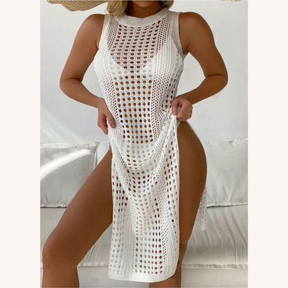 Robe de plage en crochet élégante pour femme – Midi confortable avec fente latérale en mélange de coton