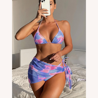 Ensemble de maillot de bain trois pièces pour femme style bohème à teinture nouée avec jupe assortie – Polyester confortable, S, M, L