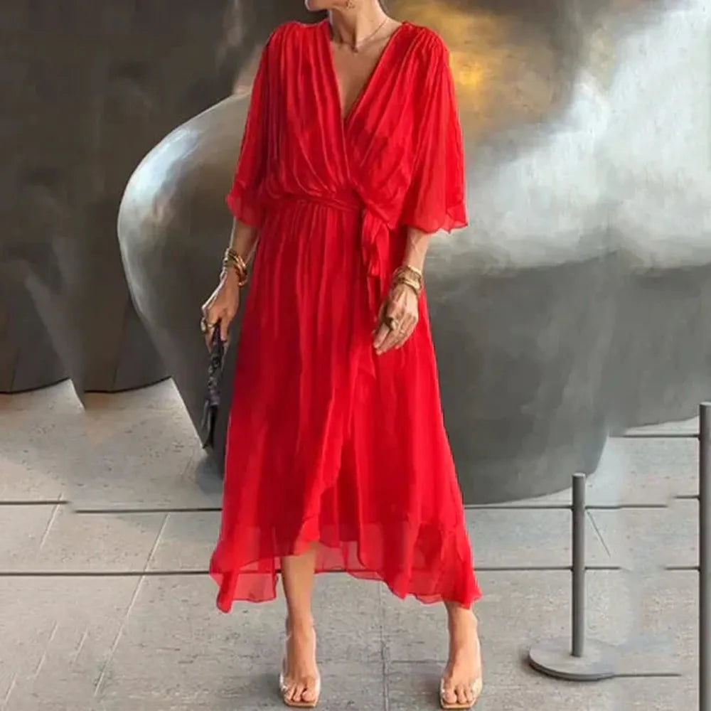 Robe longue élégante d'été pour femme avec ceinture et ourlet asymétrique en tissu léger