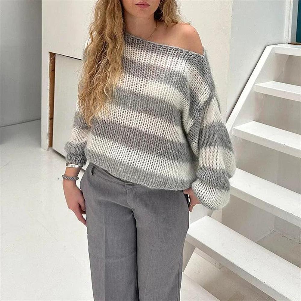 Pull tricoté rayé confortable pour femme, coupe décontractée en acrylique – Disponible en plusieurs tailles et couleurs