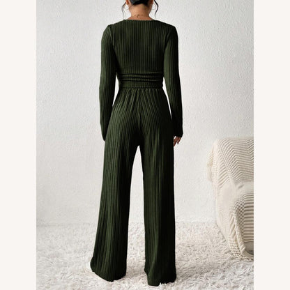 Ensemble détente côtelé 2 pièces femme – Haut court à manches longues et pantalon large taille haute beige