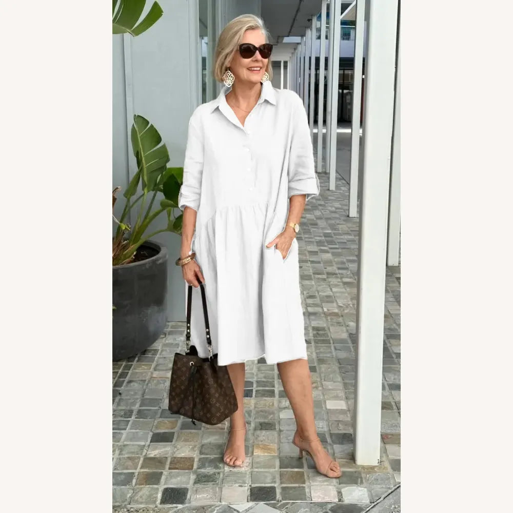 Robe décontractée pour femme en lin et coton mi-longue - Confortable avec poches, encolure ronde, plusieurs couleurs