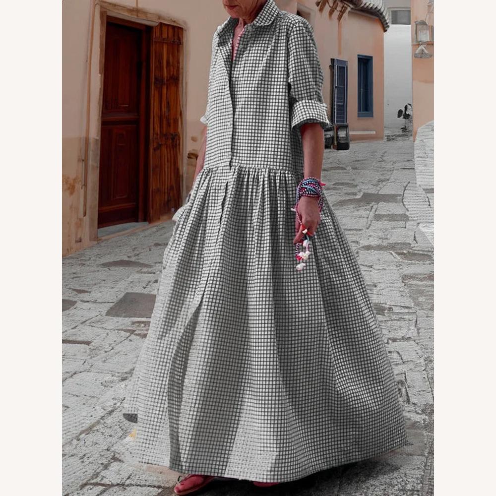 Robe longue pour femme à manches longues en coton et lin – Tissu à carreaux élégant et confortable