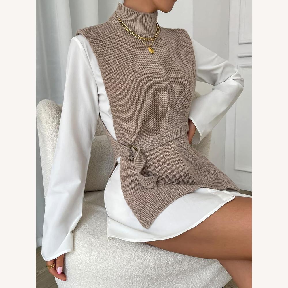 Pull sans manches à col roulé en tricot côtelé pour femme – Élégant et chaud, idéal pour superposer