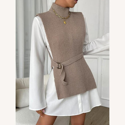 Pull sans manches à col roulé en tricot côtelé pour femme – Élégant et chaud, idéal pour superposer