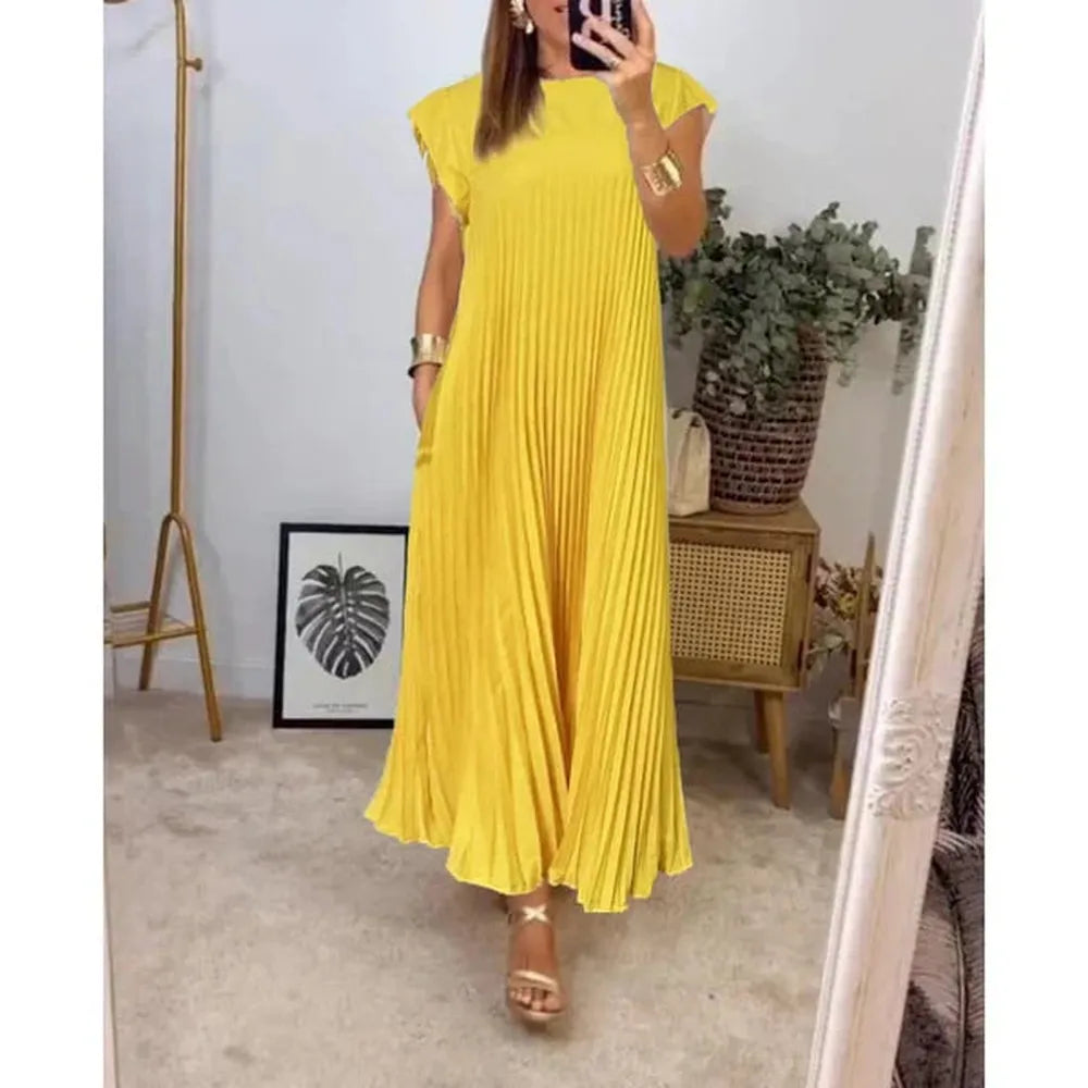 Robe longue plissée élégante pour femmes en couleur unie – Confortable et polyvalente pour toutes les occasions