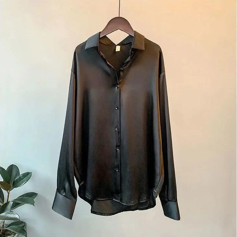 Blouse élégante pour femme en satin de soie blanche à manches longues et col classique - Chemisier chic pour toutes les occasions