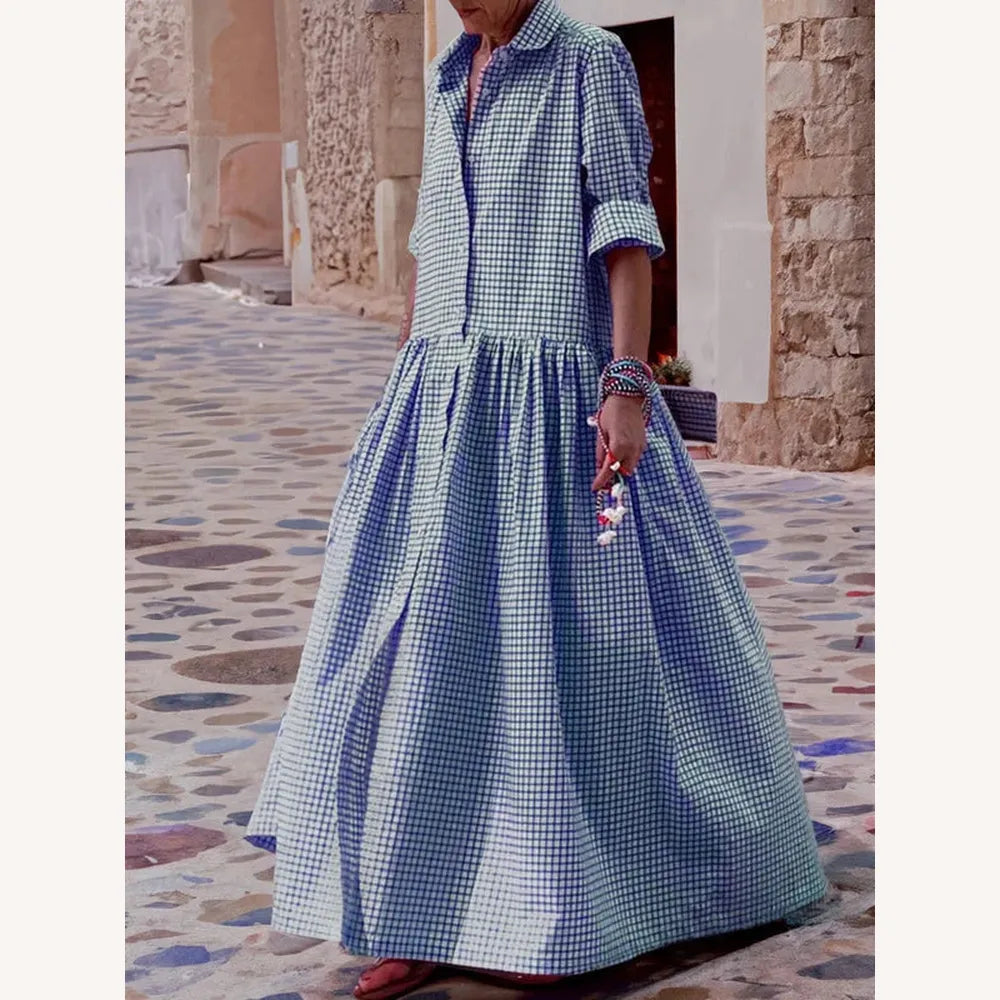 Robe longue pour femme à manches longues en coton et lin – Tissu à carreaux élégant et confortable